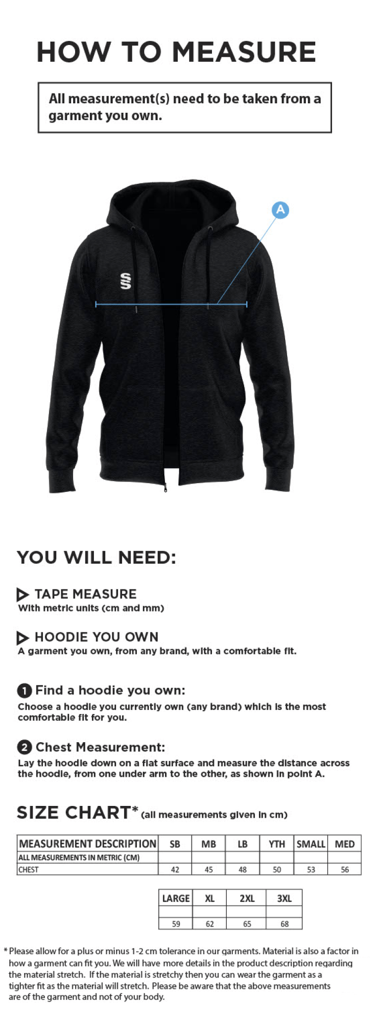 WILMSLOW CRICKET CLUB DUAL HOODY BLACK - Size Guide