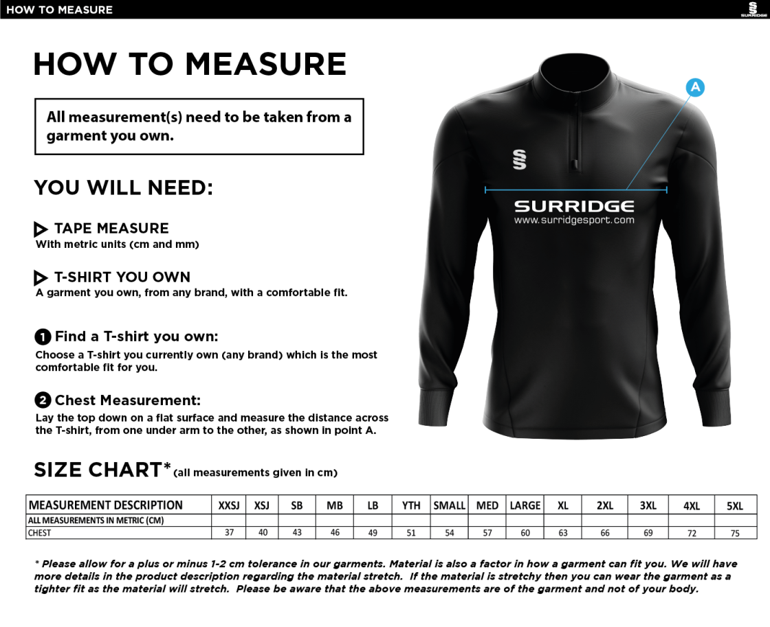 WILMSLOW CRICKET CLUB DUAL MID-LAYER BLACK - Size Guide