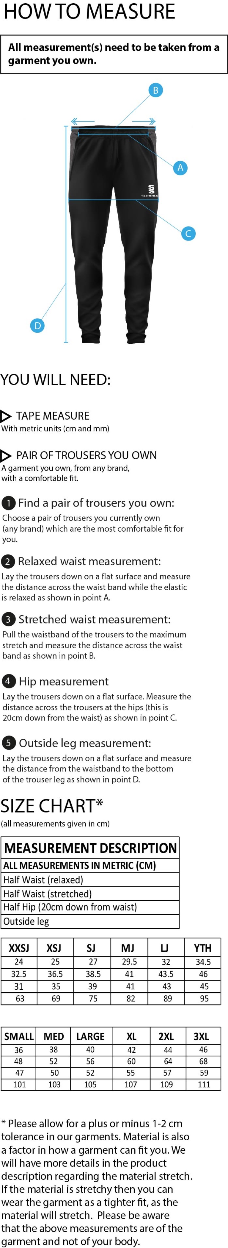 WILMSLOW CRICKET CLUB TEK SLIM PANTS BLACK - Size Guide