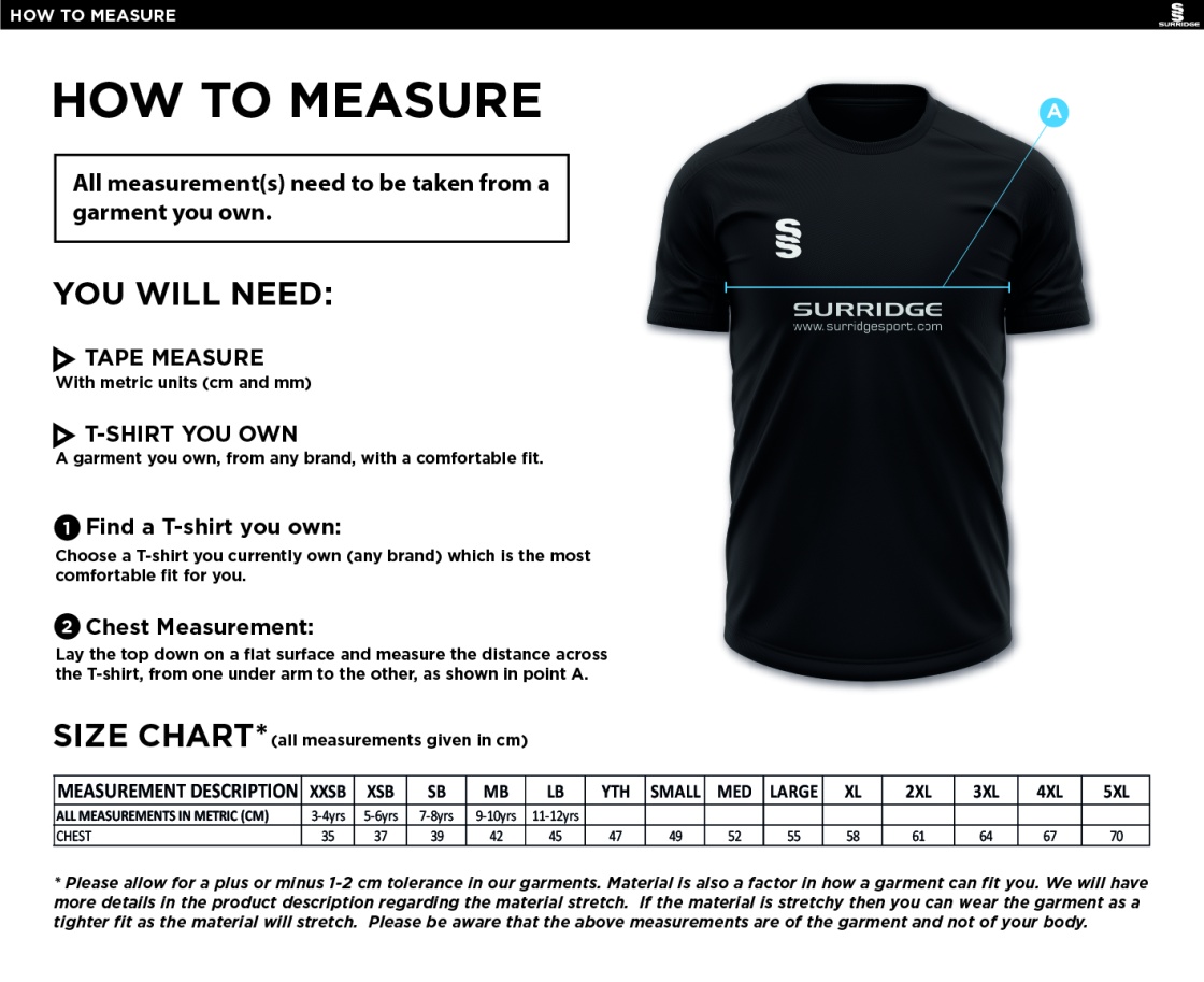 WILMSLOW CRICKET CLUB DUAL TRAINING SHIRT BLACK - Size Guide