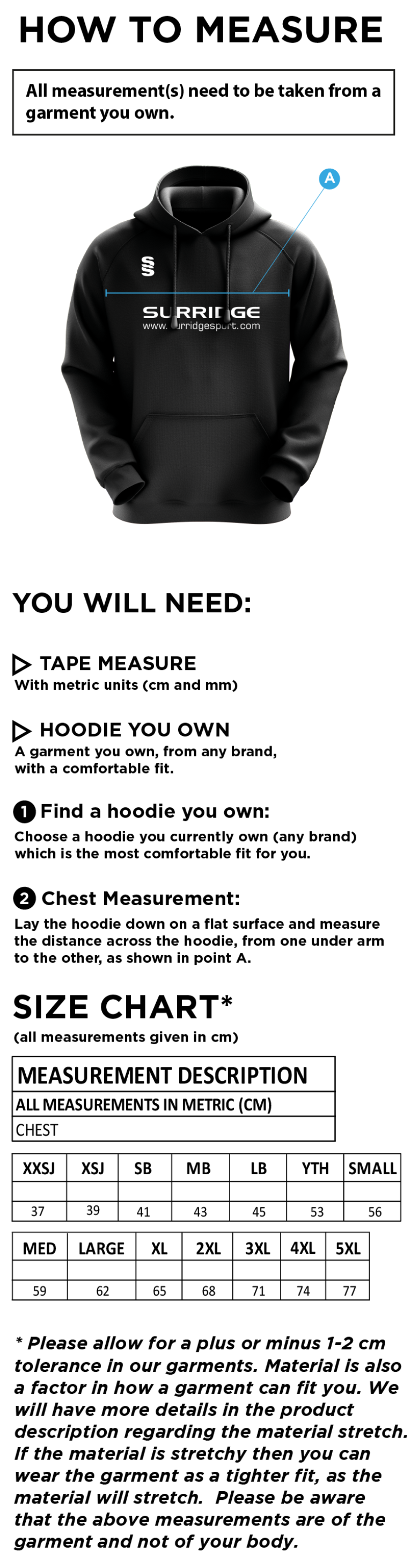 Wilmslow Cricket Club Fuse Hoody - Size Guide