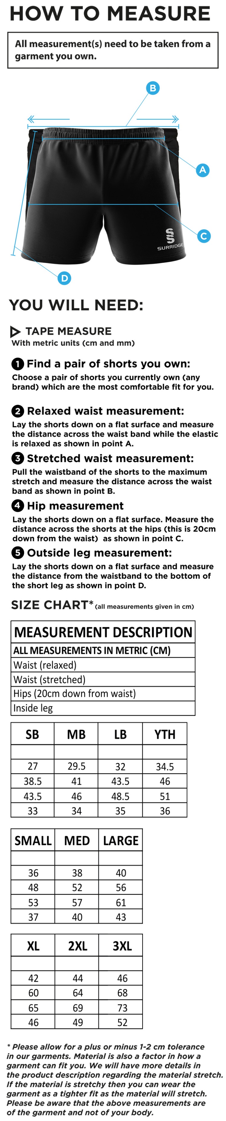 WILMSLOW CRICKET CLUB SHORTS BLACK - Size Guide