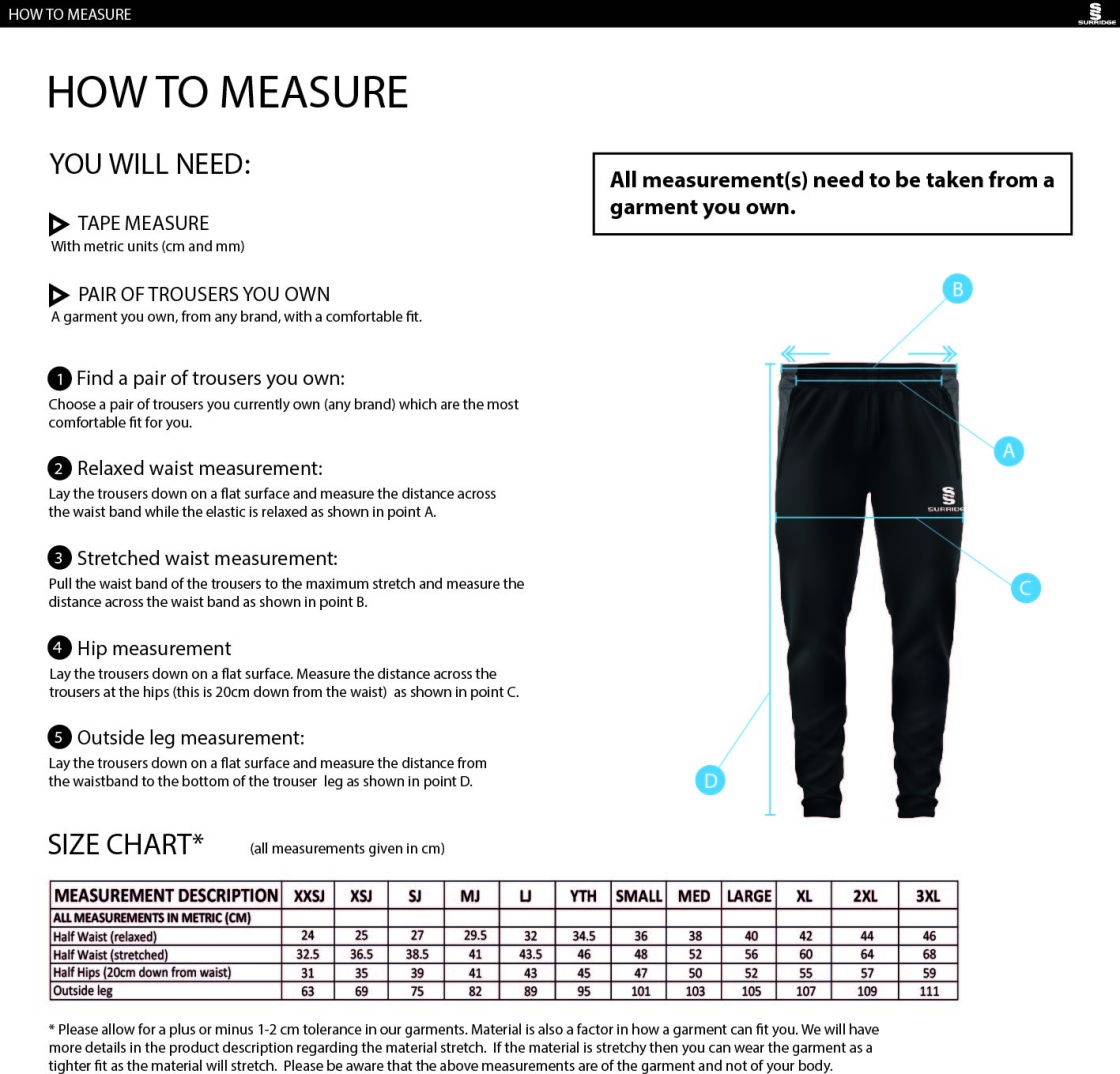 WILMSLOW CRICKET CLUB TEK SLIM PANTS BLACK - Size Guide