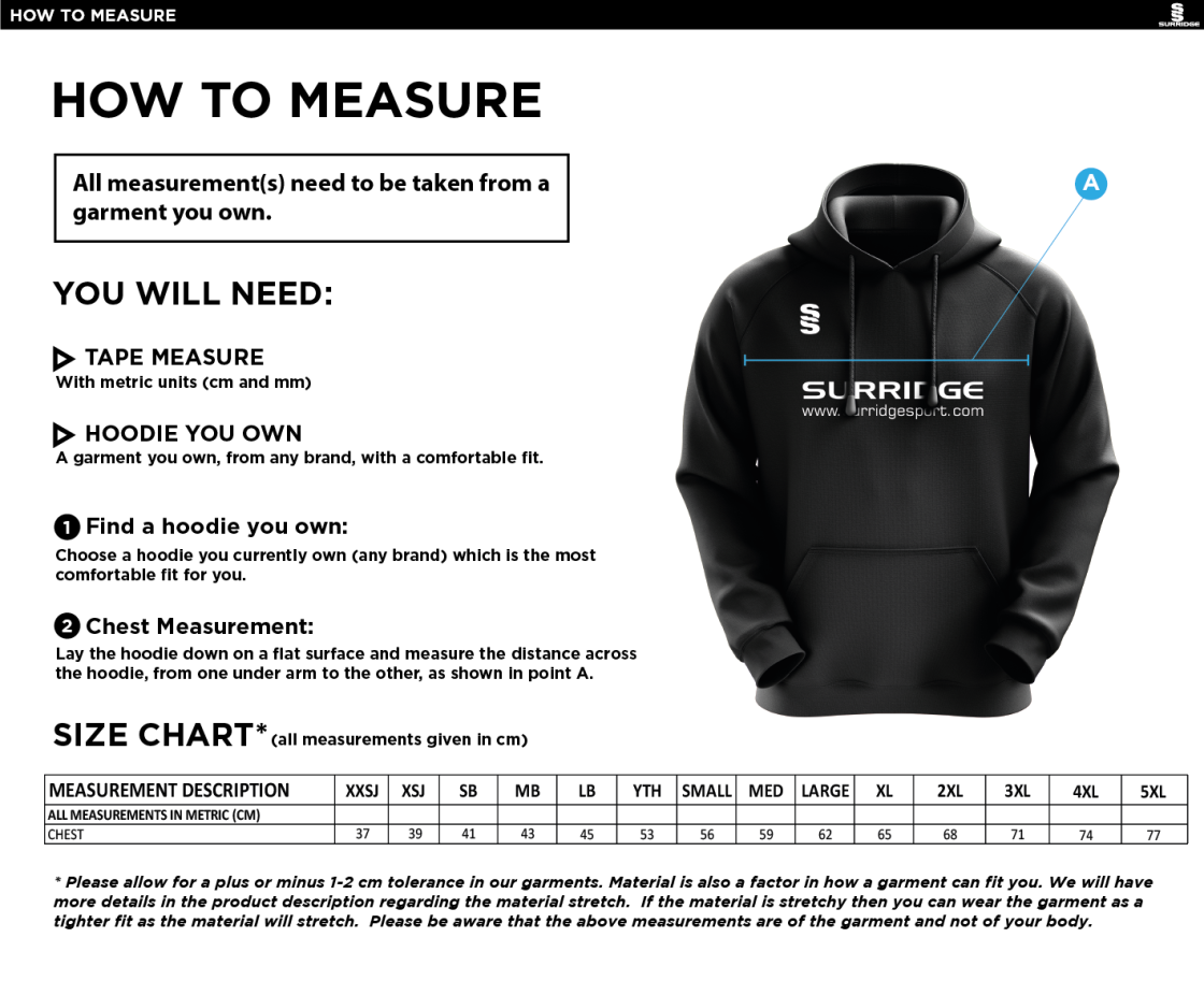 Wilmslow Cricket Club Fuse Hoody - Size Guide