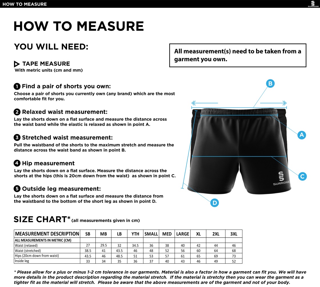 WILMSLOW CRICKET CLUB SHORTS BLACK - Size Guide